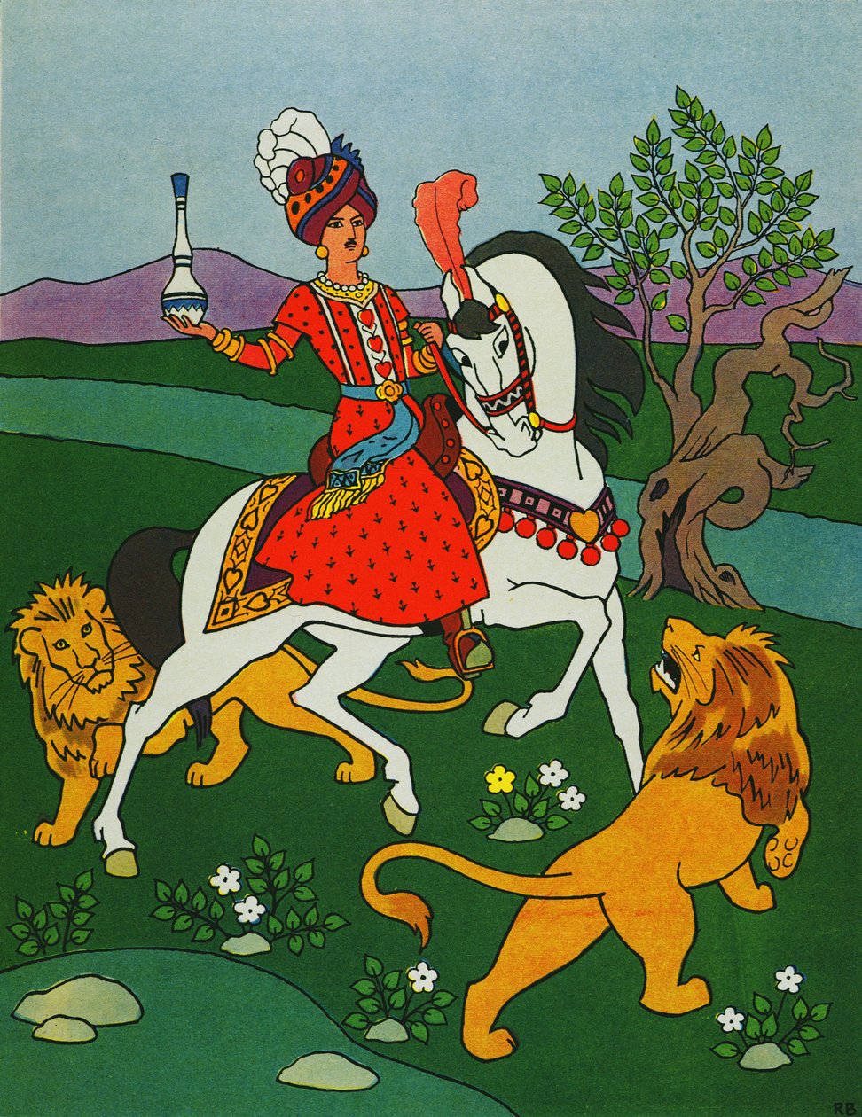 Książę jadący z dwoma lwami, ilustracja do książki "Książę Ahmed i wróżka Pari Banou" z "Nocy arabskich autorstwa Roger Broders
