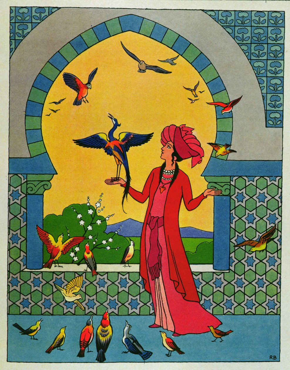 Księżniczka konsultująca się z ptakiem Bulbulhezarem, ilustracja do "Dwóch zazdrosnych sióstr" z "Nocy arabskich autorstwa Roger Broders