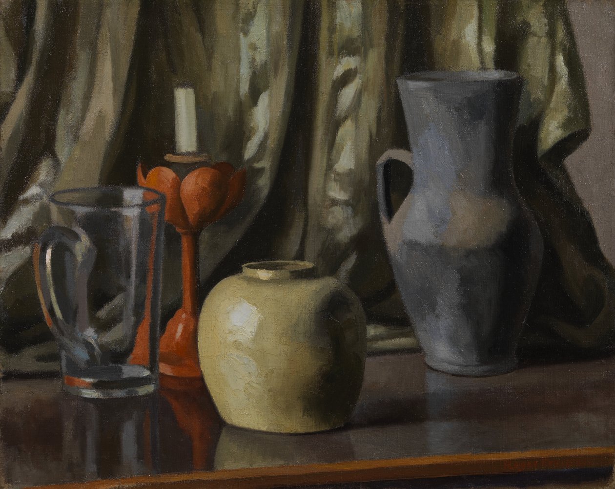 Martwa natura ze świecą i glinianymi garnkami, 1921 autorstwa Roger Eliot Fry