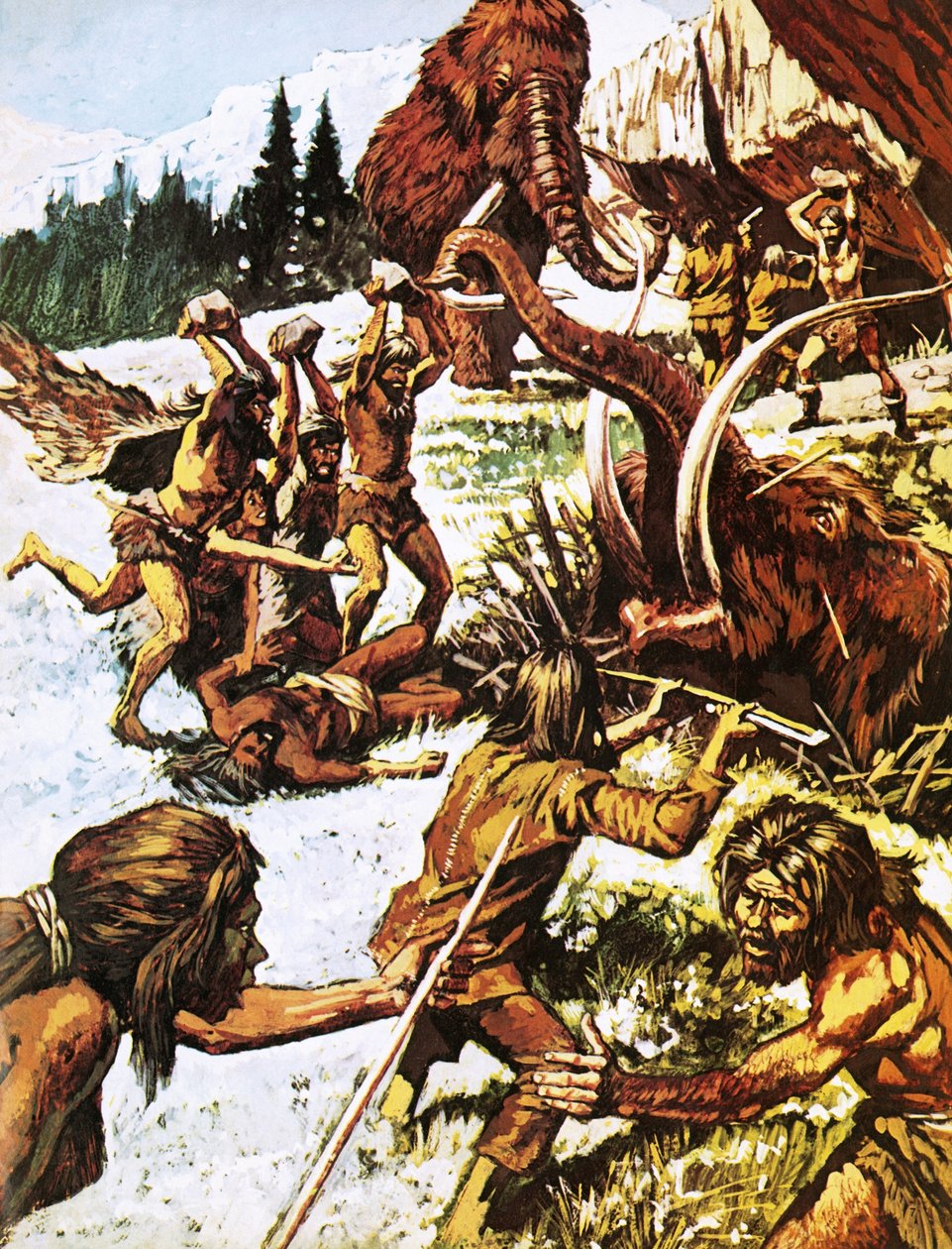 Prehistoryczni ludzie atakujący mamuty autorstwa Roger Payne
