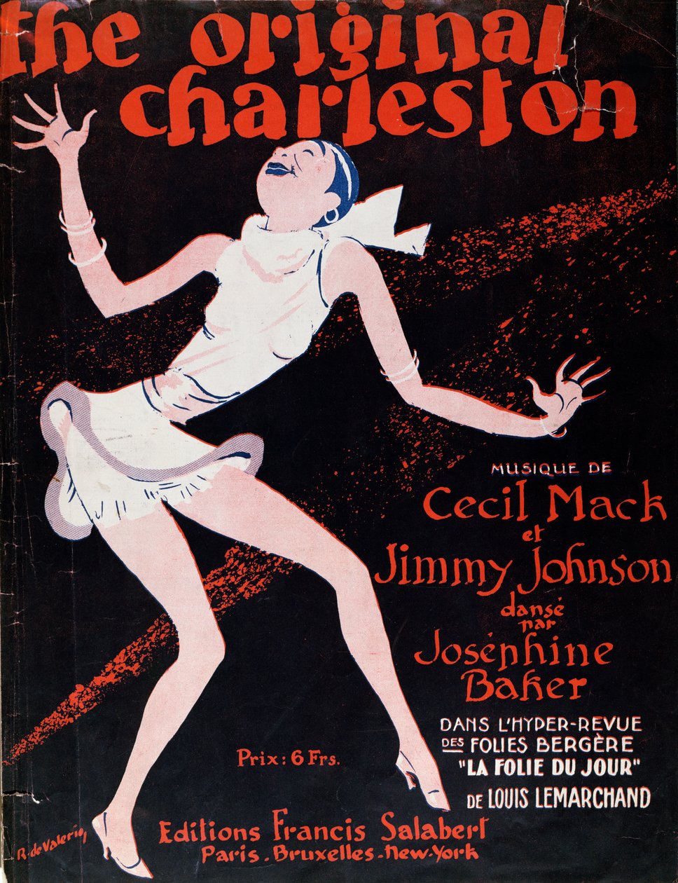 Josephine Baker (1906-75) tańcząca Charleston, plakat reklamujący pokaz w Folies Bergere autorstwa Roger de Valerio