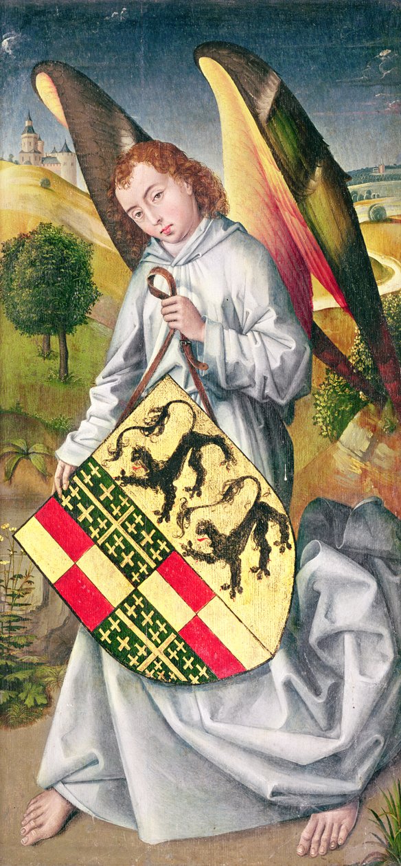 Anioł trzymający tarczę z herbem rodów de Chaugy i Montagu z dwoma lampartami rodu de Jaucourt, 1460-66 autorstwa Rogier van der Weyden