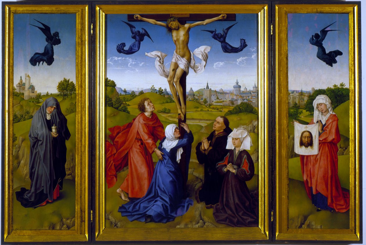 Tryptyk Ukrzyżowania ze św. Marią Magdaleną, św. Weroniką i nieznanymi Patronami, ok. 1440-45 autorstwa Rogier van der Weyden