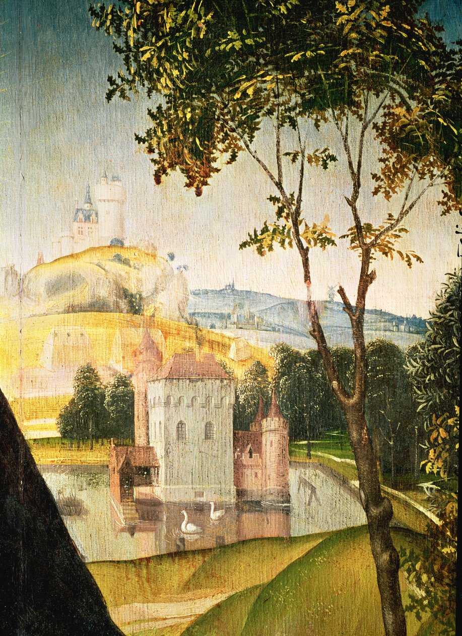 Krajobraz z zamkiem w fosie i dwoma łabędziami, 1460-66 (detal 344036) autorstwa Rogier van der Weyden