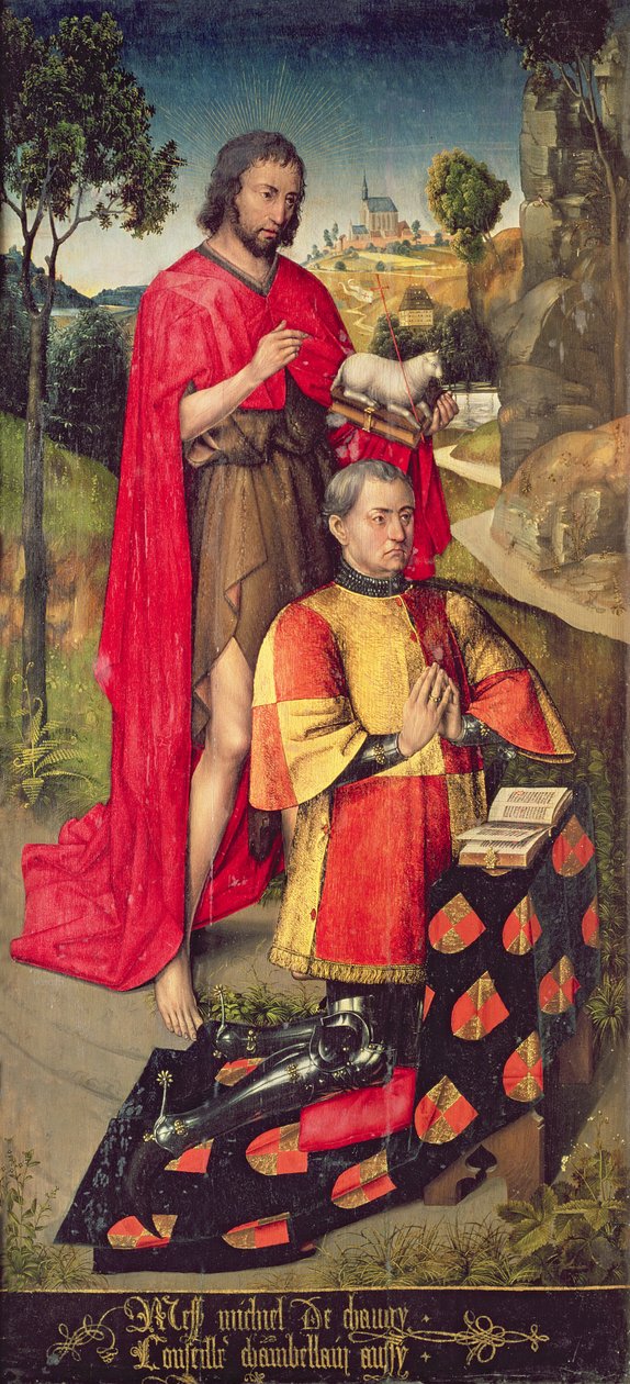 Lewy panel, z poliptyku ołtarza głównego, przedstawiający Jana de Chaugy, ojca donatora ołtarza, 1460-66 autorstwa Rogier van der Weyden