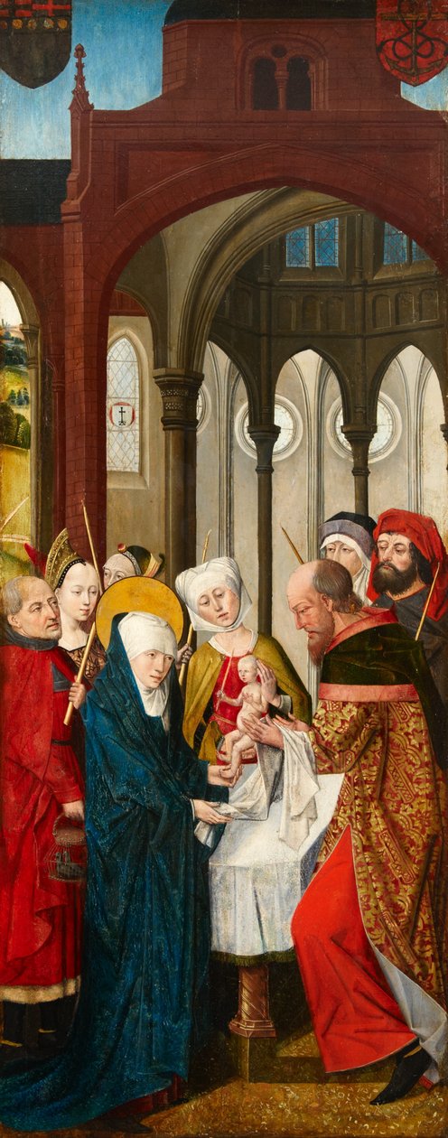 Ofiarowanie Chrystusa w świątyni, lewy panel Tryptyku Westońskiego, ok. 1480 r. autorstwa Rogier van der Weyden