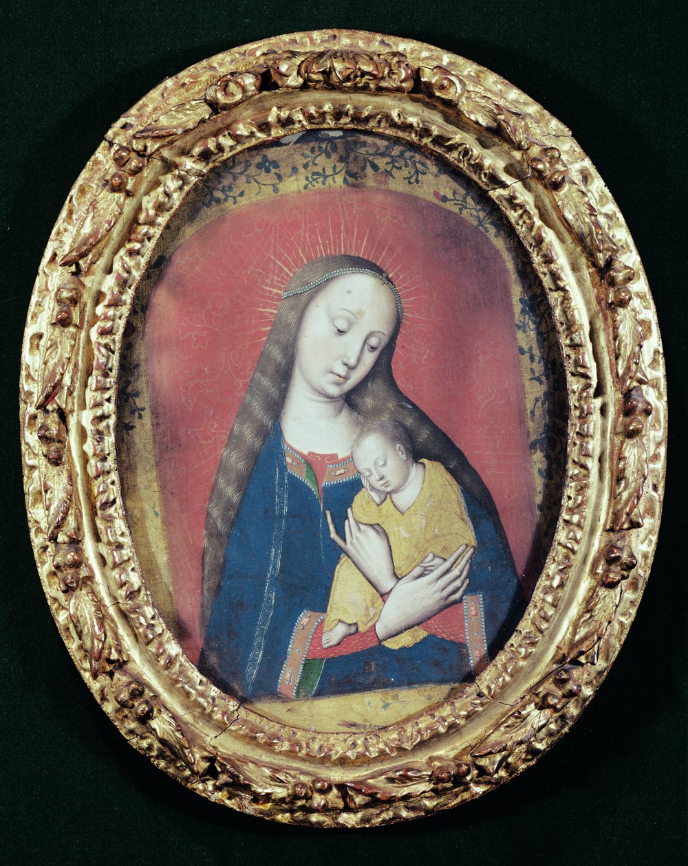 Śpiąca Dziewica i Dziecko (gwasz na tkaninie) autorstwa Rogier van der Weyden