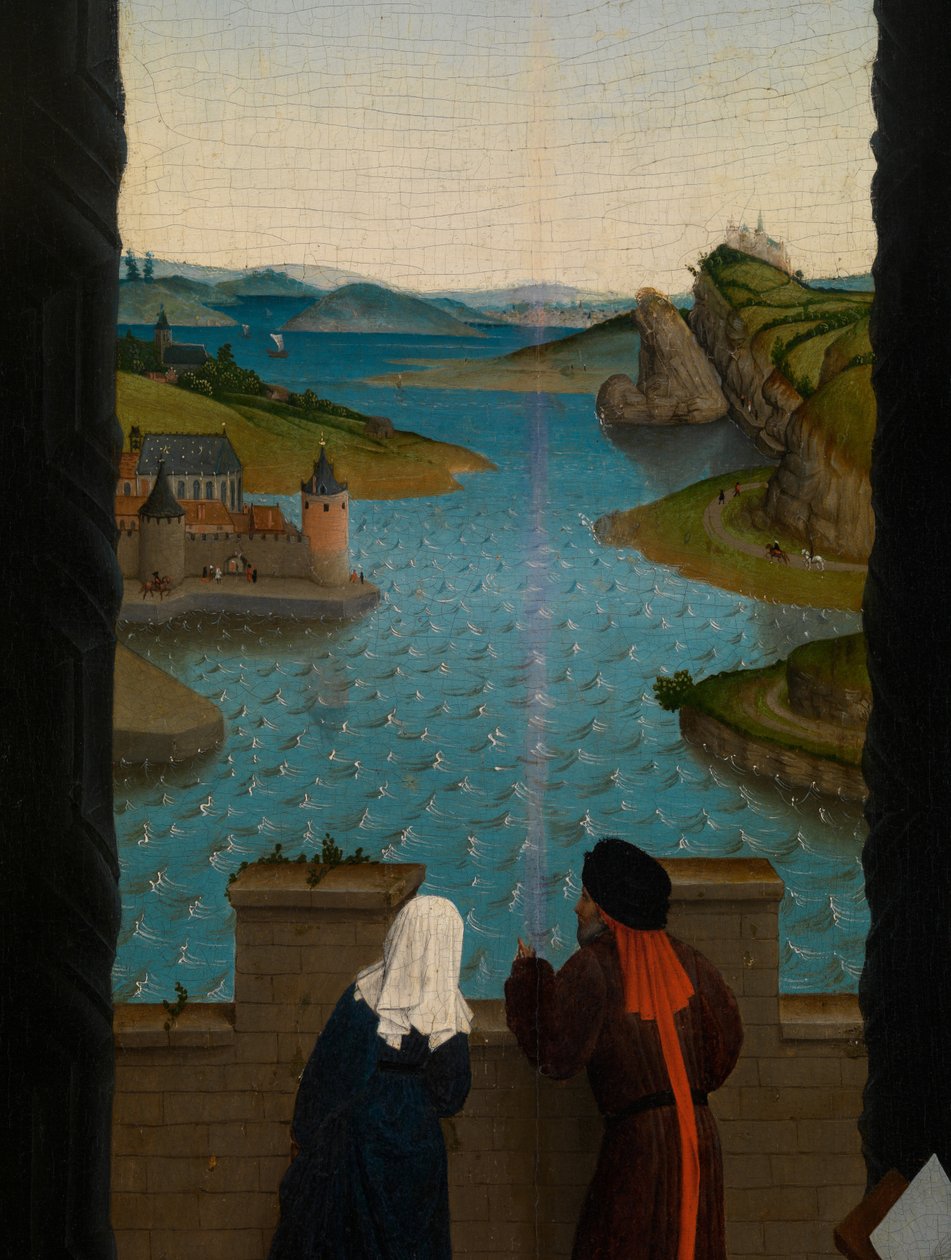 Fragment św. Łukasza rysującego portret Dziewicy (olej na desce) autorstwa Rogier van der (after) Weyden