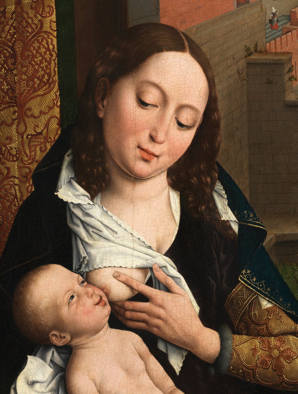 Fragment św. Łukasza rysującego portret Dziewicy (olej na desce) autorstwa Rogier van der (after) Weyden