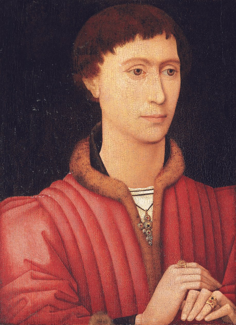 Portret młodzieńca, do biustu, w czerwonym dublecie obszytym futrem, ok. 1450-60 (olej na desce) autorstwa Rogier van der (circle of) Weyden