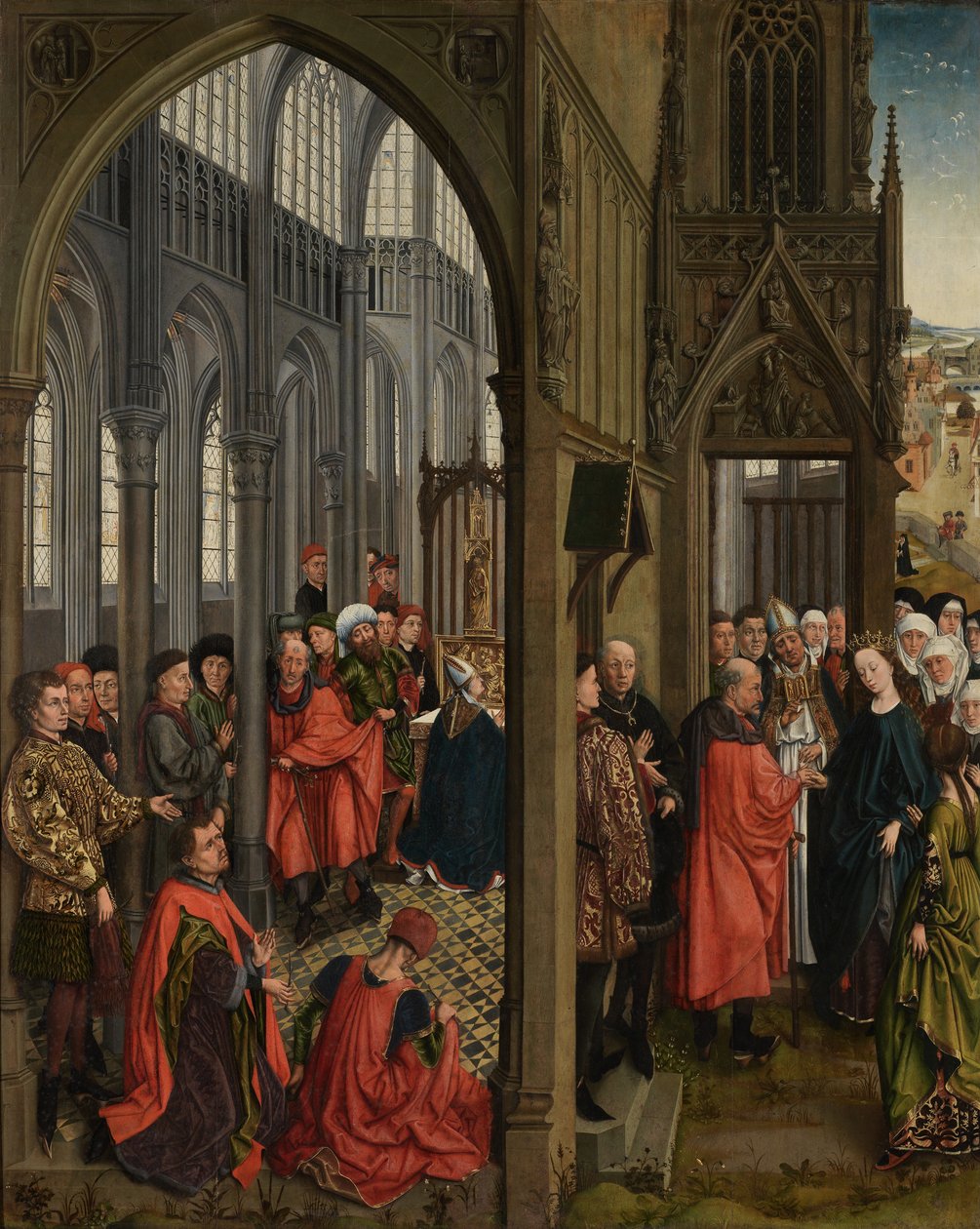 Rozkwit laski Józefa i zaręczyny Dziewicy (olej na desce) autorstwa Rogier van der (follower of) Weyden