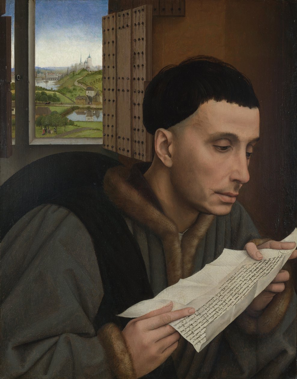 Człowiek czytający (św. Iwo?), ok. 1450 (olej na panelu) autorstwa Rogier van der (workshop of) Weyden
