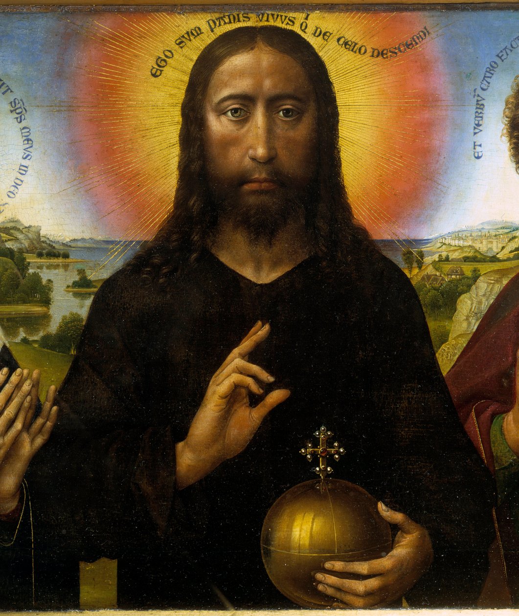 Chrystus Odkupiciel między Dziewicą a św. Janem Ewangelistą mówi Tryptyk Braque. Szczegół Chrystusa. Obraz Rogiera (Roger) Van Der Weyden (1400-1464) Ec. Bujda. autorstwa Rogier van der Weyden