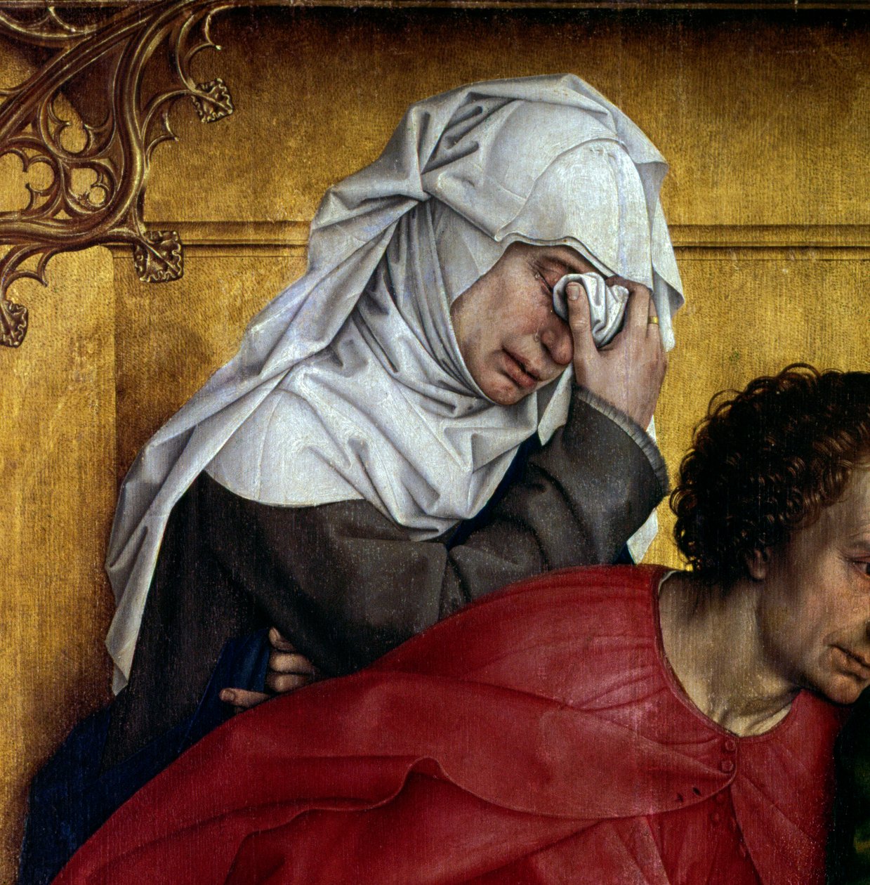 Osadzanie lub zejście krzyża. Szczegół postaci we łzach. Ołtarz Rogiera (Roger) Van Der Weyden (1400-1464) 1435 wym. 2,20 x 0,35 m Madryt, Musee du Prado - Osadzanie lub zejście z krzyża. Szczegóły postaci żałoby. Altarpi autorstwa Rogier van der Weyden