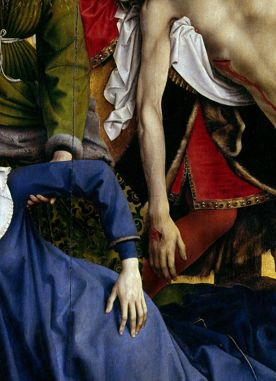 Osadzanie lub zejście krzyża. Szczegół ręki zaginionej dziewicy i ręki Chrystusa. Ołtarz Rogiera (Roger) Van Der Weyden (1400-1464) 1435 wym. 2,20 x 0,35 m Madryt, Muzeum Prado autorstwa Rogier van der Weyden