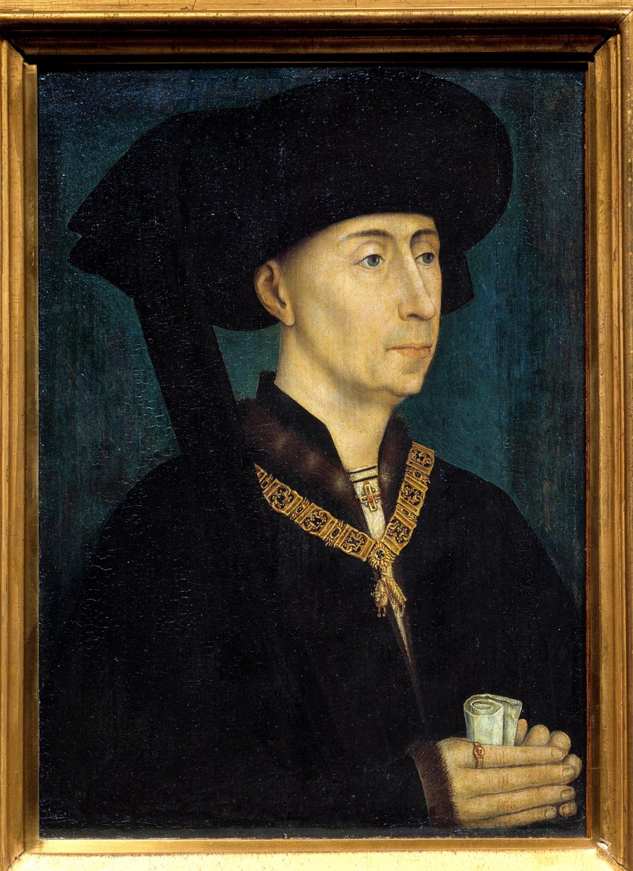 Portret Filipa III Burgundii zwanego Filipem Dobrym (1396-1467) Nosi odznaczenie Orderem Złotego Runa. Obraz Rogera (Rogiera) van der Weydena (1400-1464) 1445 wym. 0,31x0,23 m Dijon, musee des Beaux Arts - Portret Filipa II autorstwa Rogier van der Weyden