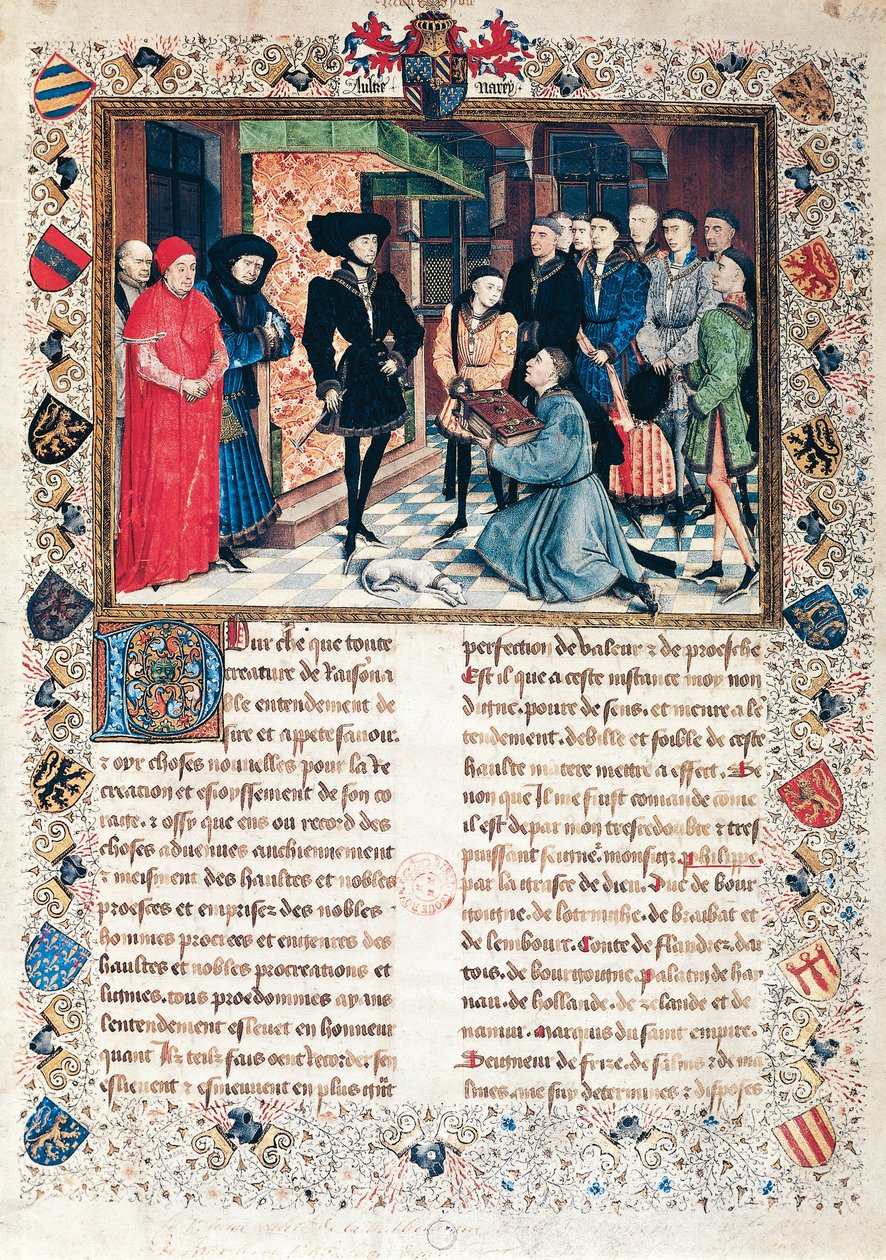 Prezentacja Kronik Hainaut księciu Burgundii Filipowi Dobremu (1396-1467) przez Jeana Wauquelina autorstwa Rogier van der Weyden