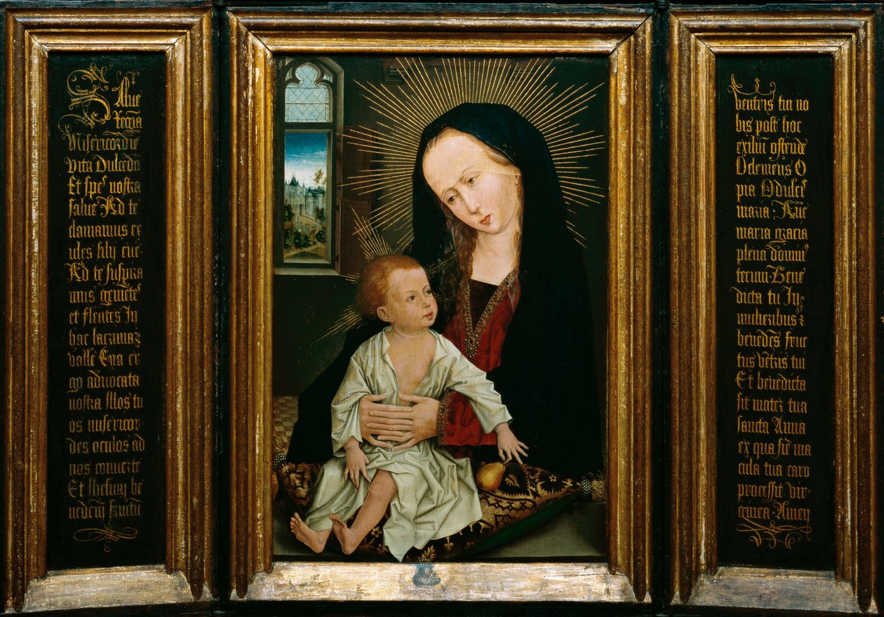 Salve Regina (Salve, O Królowo, modlitwa katolicka), przedstawienie Matki Boskiej z Dzieciątkiem trzymającym gruszkę (olej na drewnie) autorstwa Rogier van der Weyden