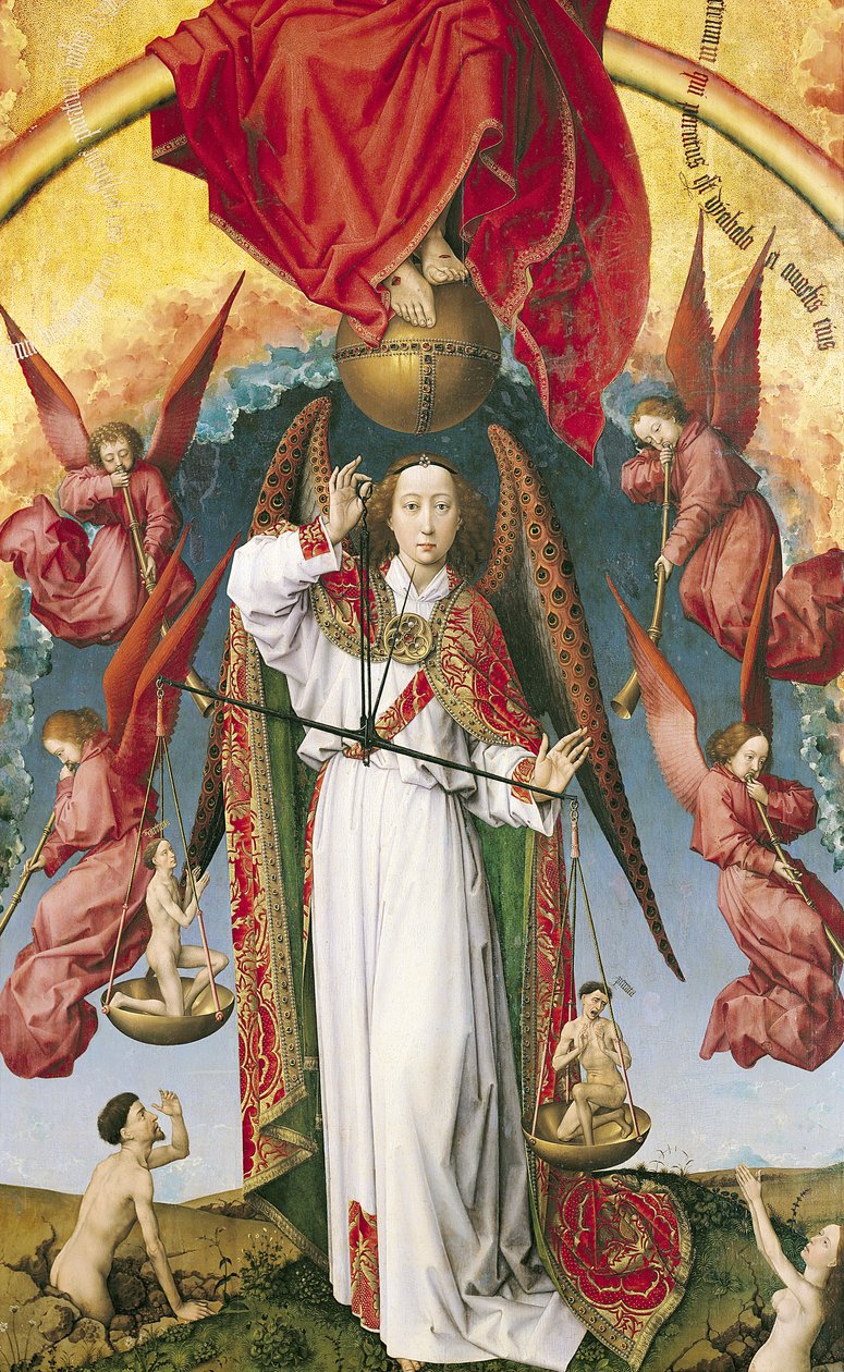 Św. Michał ważący dusze, z Sądu Ostatecznego, ok. 1445-50 (detal z 170072) autorstwa Rogier van der Weyden