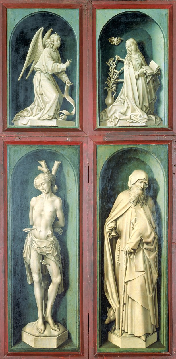 Zwiastowanie, św. Sebastian, św. Antoni Wielki i dwaj Darczyńcy, panele z rewersu Sądu Ostatecznego, ok. 1445-50 (olej na panelu) autorstwa Rogier van der Weyden
