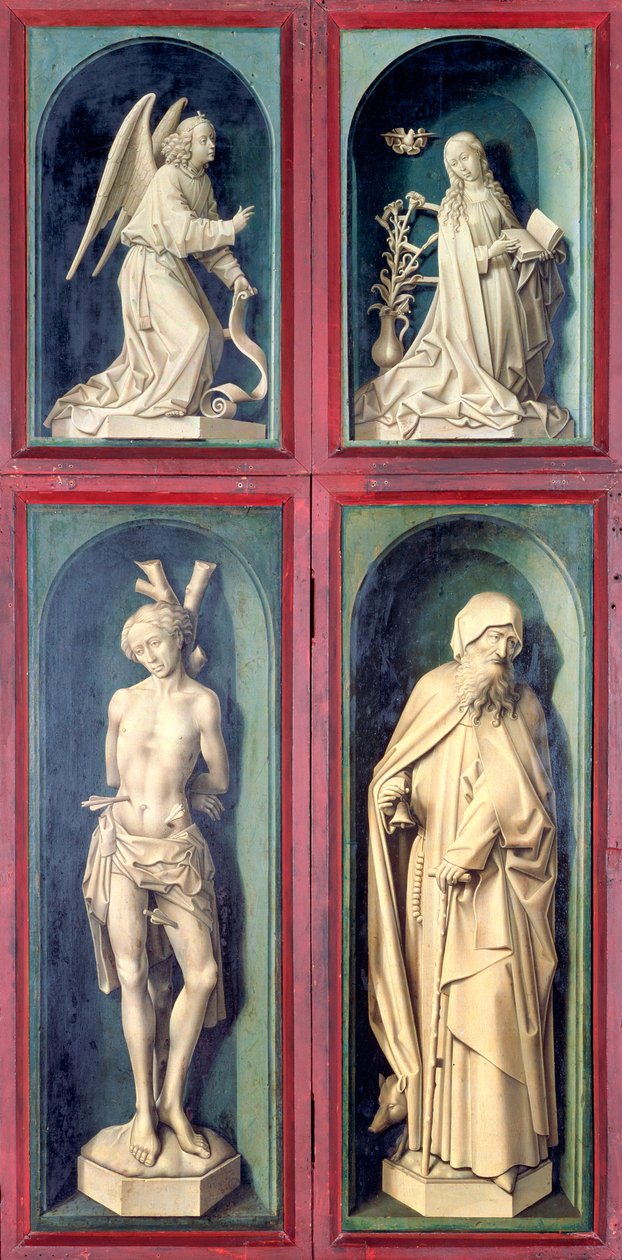 Zwiastowanie, św. Sebastian i św. Antoni Wielki, panele z rewersu Sądu Ostatecznego, ok. 1445-50 autorstwa Rogier van der Weyden