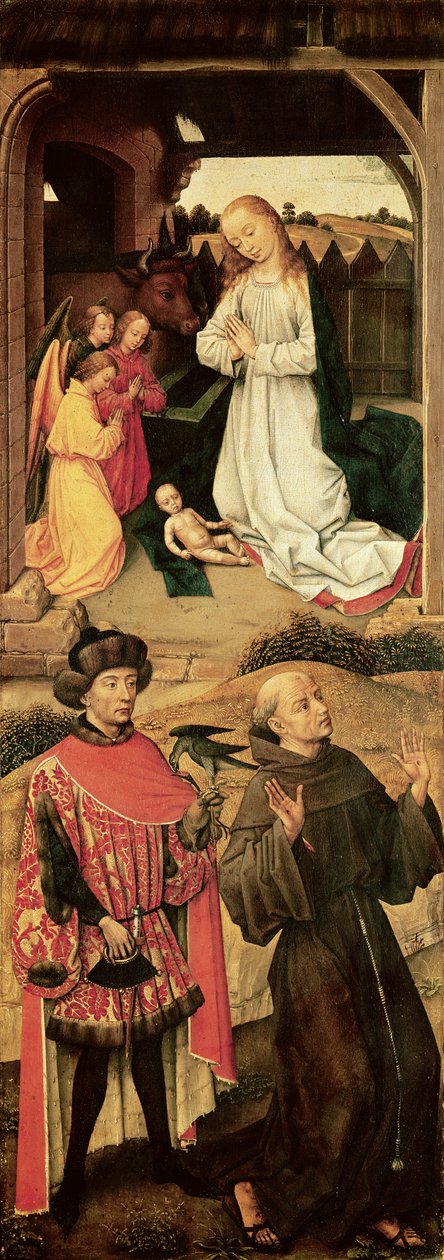 Tryptyk Kalwarii (lewy panel, w górnej części Narodzenia, św. Franciszek z Asyżu i ewentualnie św. Juliana Szpitalnika w dolnej części) autorstwa Rogier van der Weyden