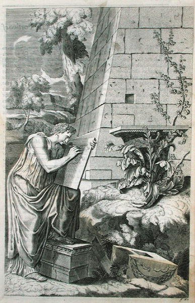 Klasyczna scena architekta przy pracy, ilustracja z „Równoległości architektury starożytnej z nowoczesnością” Chambray wydanej w 1723 r. (rycina) autorstwa Roland (after) Freart de Chambray