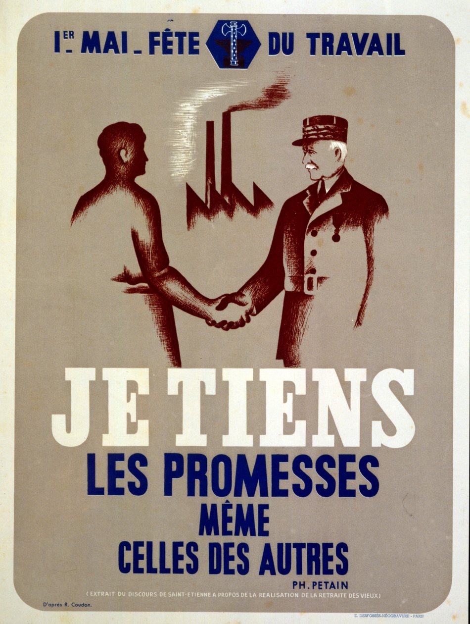Plakat propagandowy wydany przez marszałka Petaina, francuskiego przywódcę Vichy, na święto robotników z okazji Dnia Majowego w wojennej Francji (plakat) autorstwa Roland Coudon