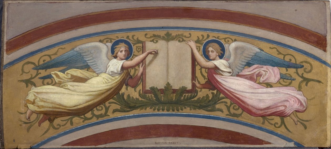Szkic do kościoła Saint-François-Xavier: Księga Ewangelii podtrzymywana przez dwa Anioły, między 1874 a 1876 (olej na gwaszu, akwarela, papier) autorstwa Romain Cazes