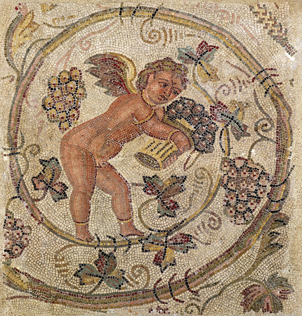 Kupidyn zbierający winogrona, fragment chodnika z Kartaginy, Tunezja (mozaika) autorstwa Roman