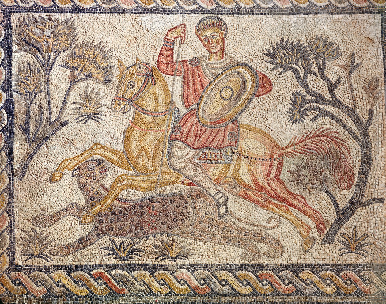Mozaika przedstawiająca polowanie na lamparta, z Villa de las Tiendas, ok. 326-400 (mozaika) autorstwa Roman