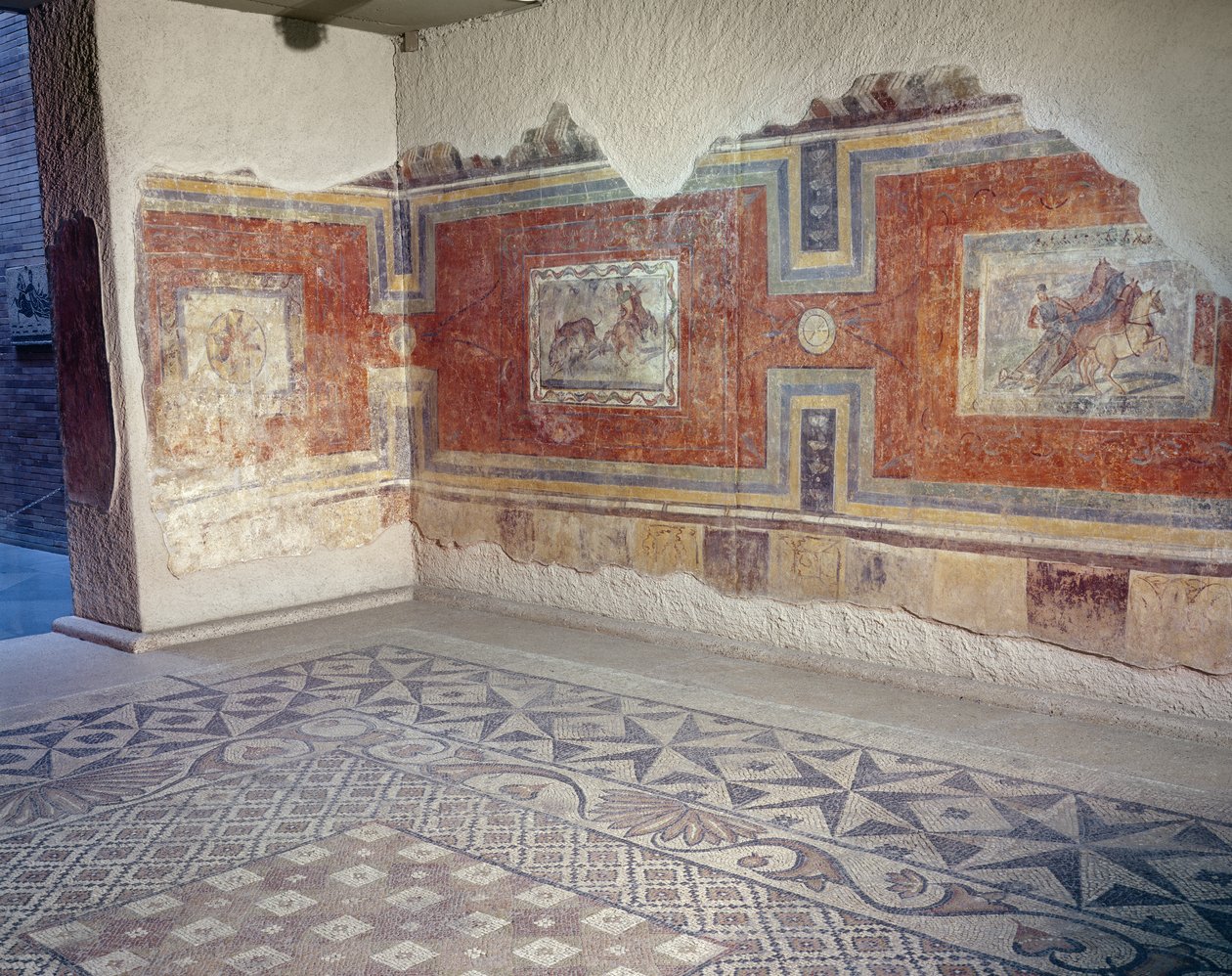 Odtworzenie wnętrza domu rzymskiego z mozaikowymi posadzkami i malowidłami ściennymi przedstawiającymi sceny cyrkowe i myśliwskie (fresk i mozaika) autorstwa Roman