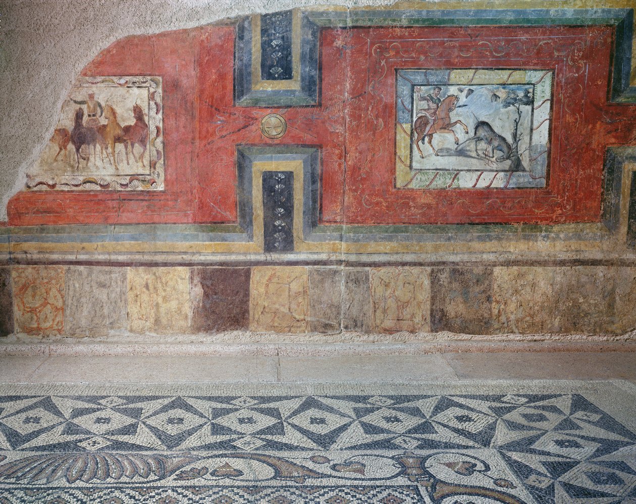 Odtworzenie wnętrza domu rzymskiego z mozaikowymi posadzkami i malowidłami ściennymi przedstawiającymi sceny cyrkowe i myśliwskie (fresk i mozaika) autorstwa Roman