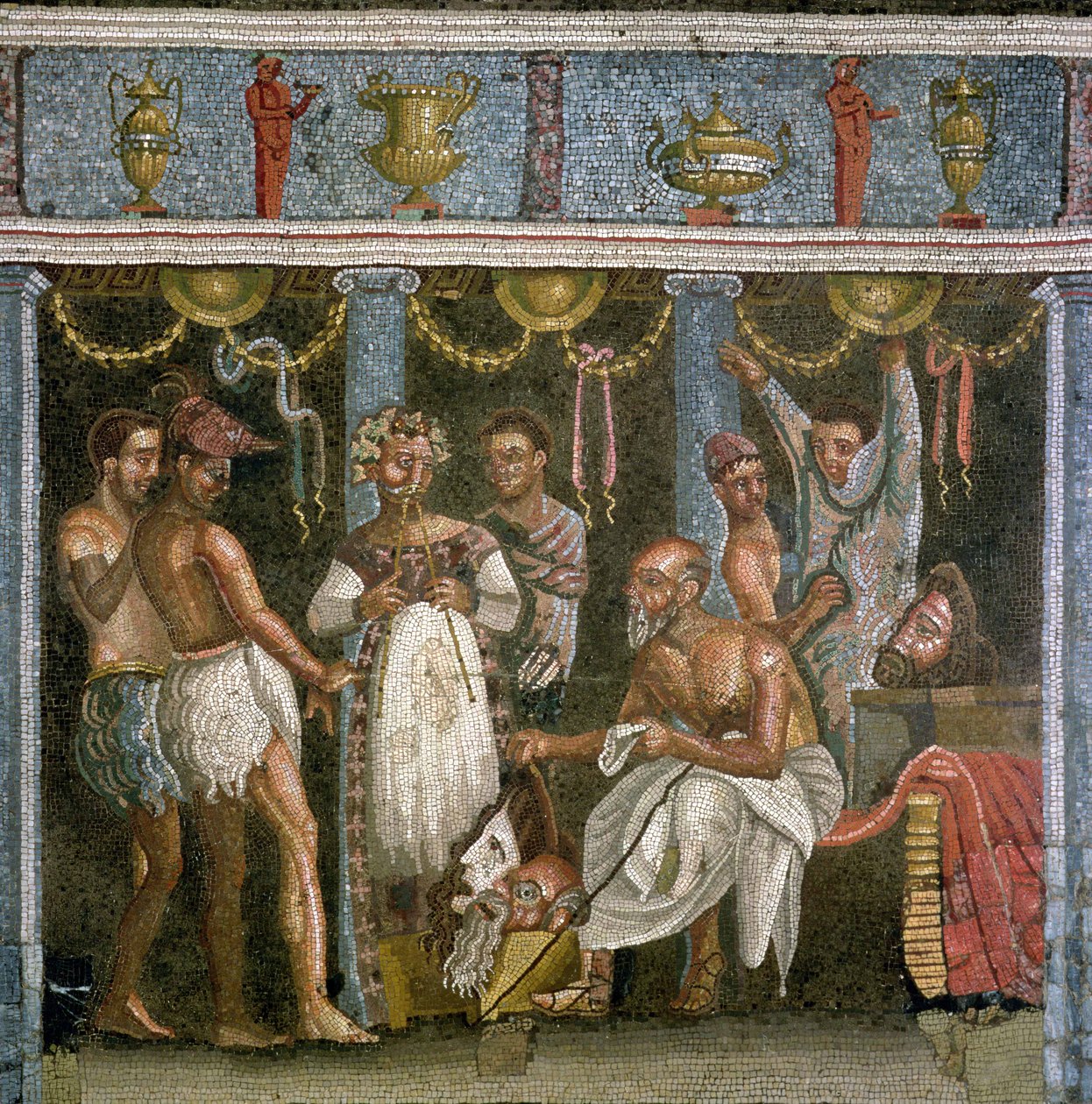 Aktorzy podczas próby do przedstawienia satyrycznego, ok. 62-79 n.e. (mozaika) autorstwa Roman