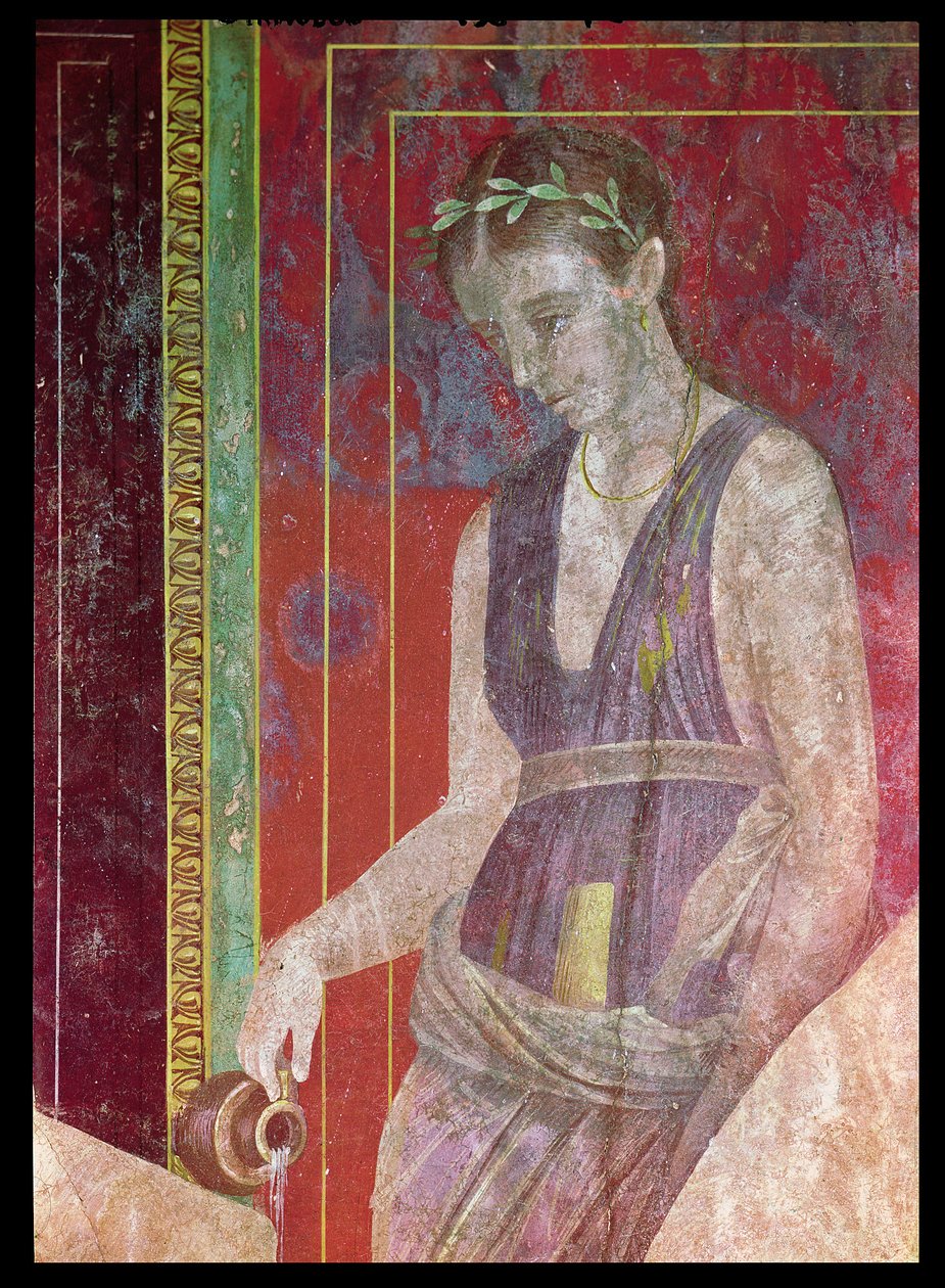 Attendant wylewający płyn z dzbanka, ściana północna, Oecus 5, detal fresku z 57185 lat 60-50 pne autorstwa Roman