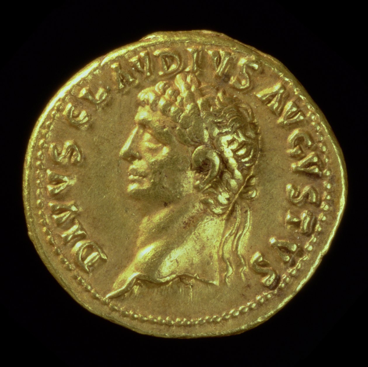 Aureus (awers) deifikowanego Klaudiusza I (AD 41-AD 54) wybity pod Neronem (AD 54-AD 68) (złoto) Napis: DIVVS CLAVDIVS AVGVSTVS (rewers patrz 119149) autorstwa Roman