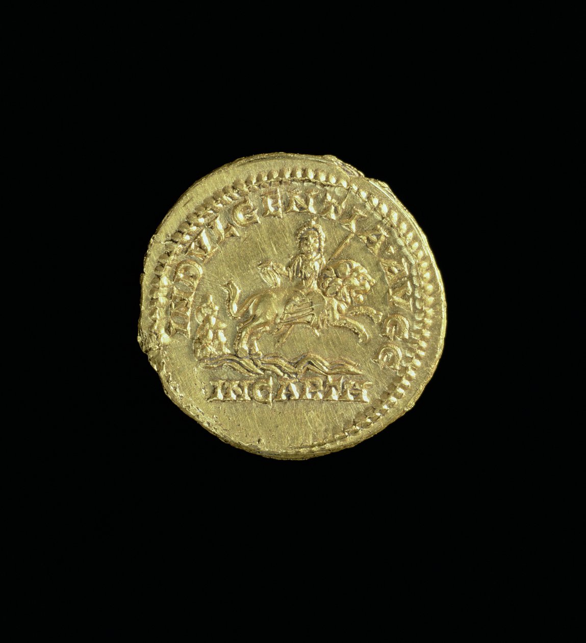 Aureus (rewers) z Karakalli (AD 196-AD 217) przedstawiający boginię Caelestis jadącą na lwie. Napis: INDVULGENTIA AVGG IN CARTH (złoto) (awers patrz 119135) autorstwa Roman