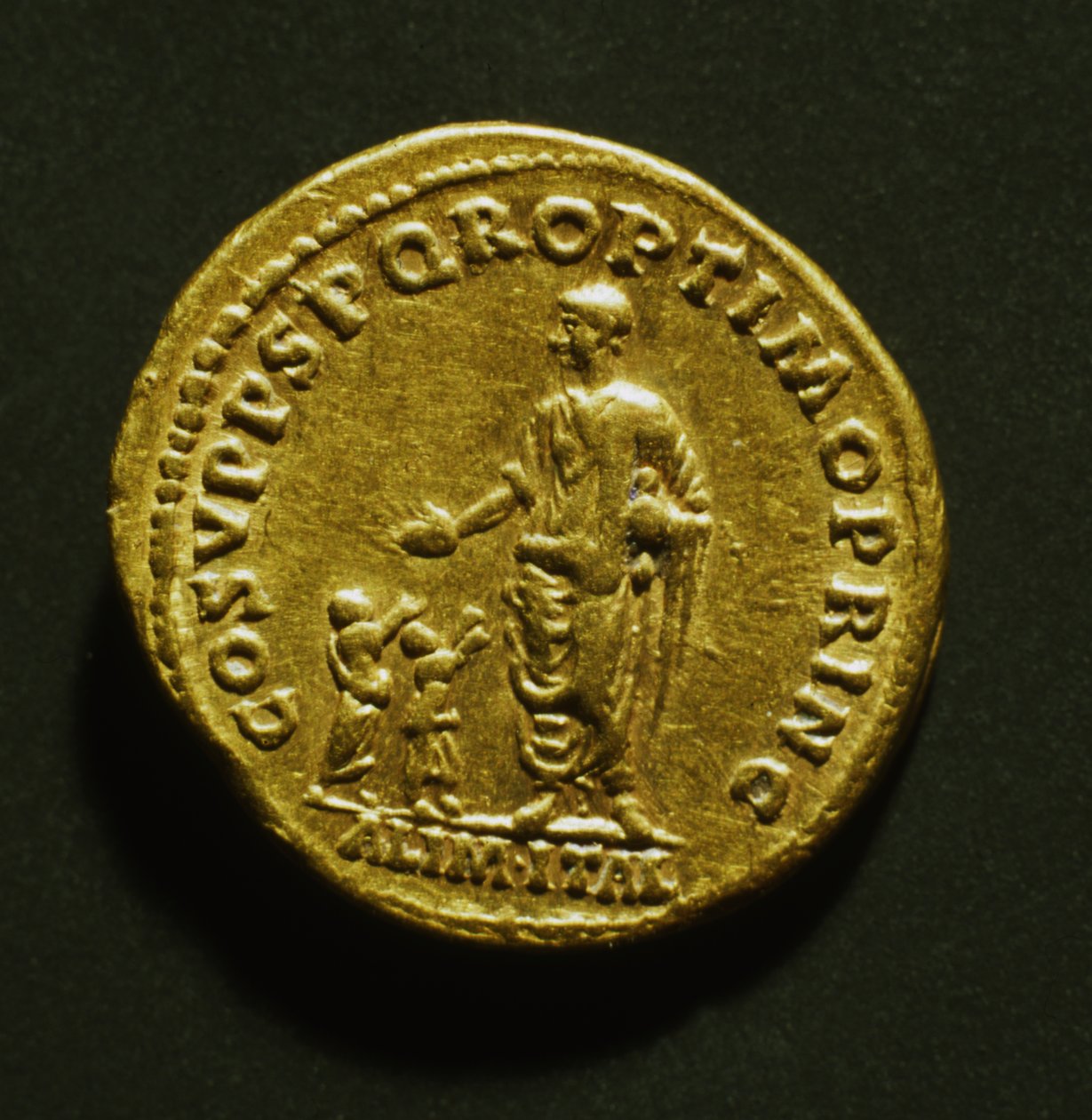 Aureus upamiętniający rozdawanie żywności przez Trajana biednym dzieciom, 107 AD (złoto) autorstwa Roman