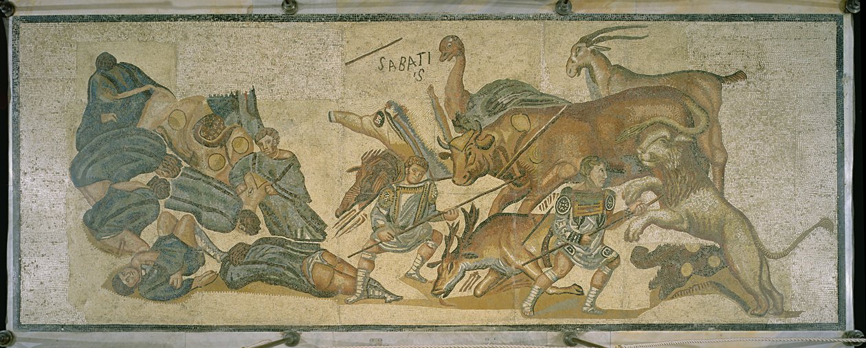 Bitwa gladiatorów ze zwierzętami, 320 AD (mozaika) autorstwa Roman