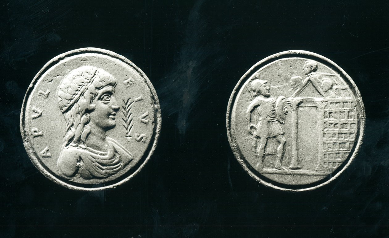 Contorniat przedstawiający Apulejusza (ok. 124 po 170 r.) i Rewers przedstawiający żołnierza przed świątynią, IV-V w. (brąz) (patrz także 136304) autorstwa Roman