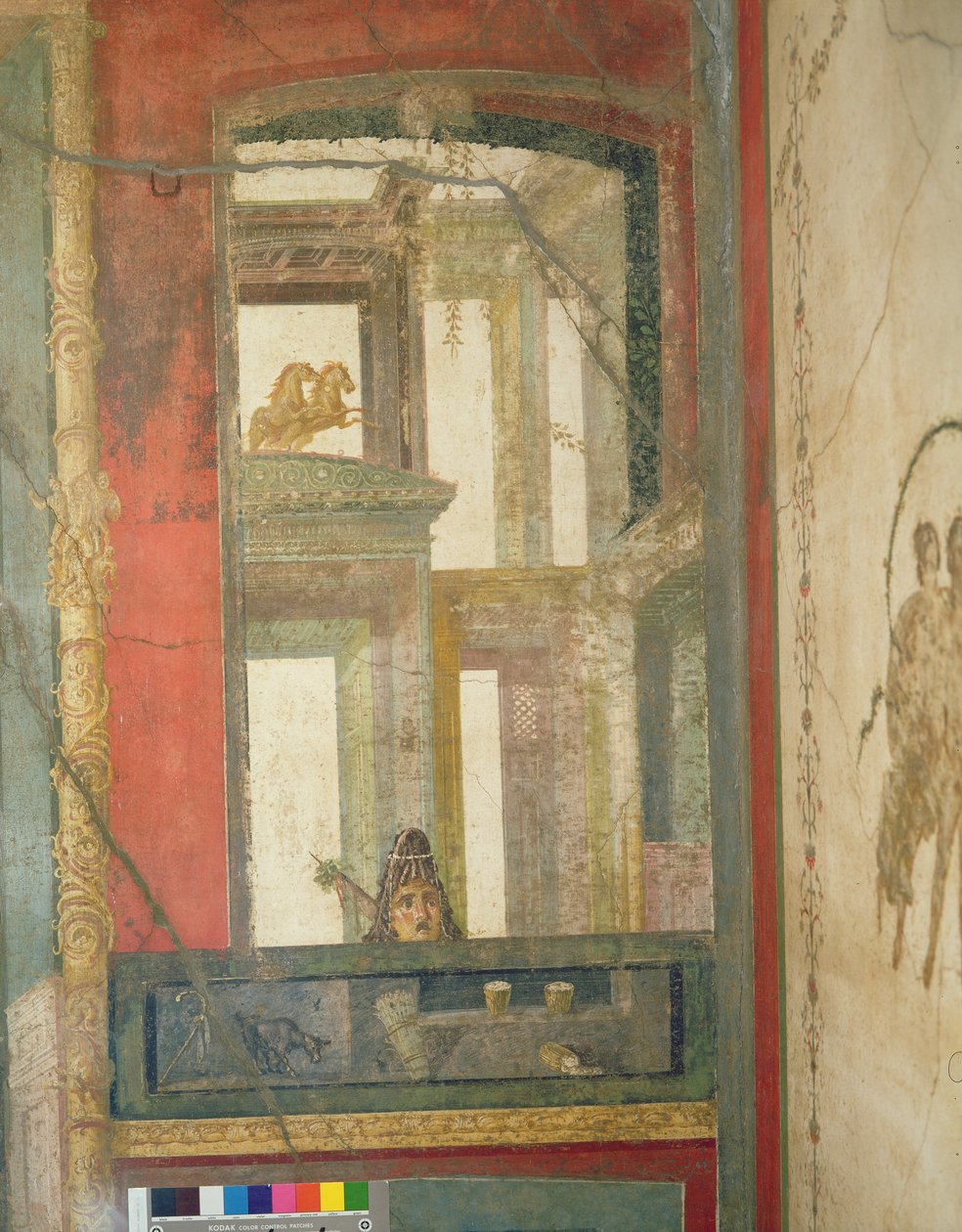 Fantastyczna architektura z dwoma końmi i maską teatralną, z Case dei Vettii (Dom Vettii) ok. 50-79 n.e. autorstwa Roman