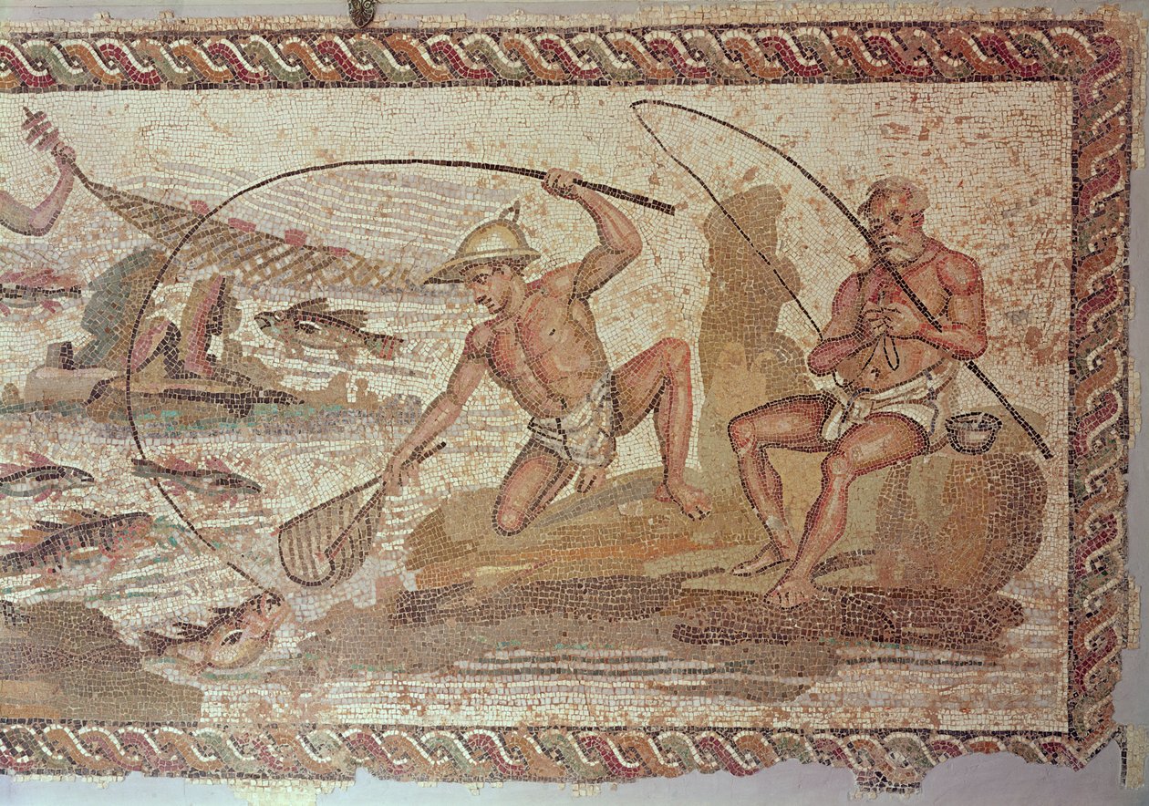 Mężczyźni łowiący ryby na Nilu, z Villa Nile, Leptis Magna (mozaika) autorstwa Roman
