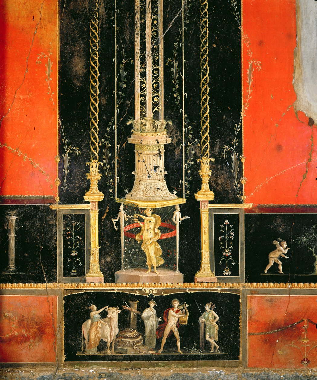 Detale mitologiczne i dekoracyjne ze ściany wschodniej w pokoju kochanka, Casa dei Vettii, ok. 5-79 r. (malowidło ścienne) autorstwa Roman