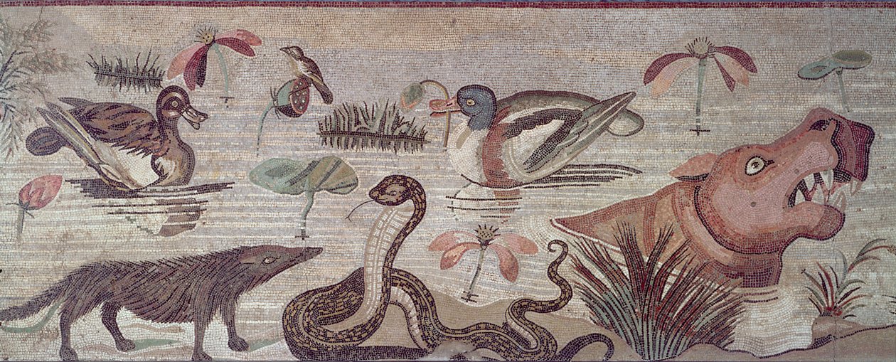 Scena Nilu, fragment kaczki, węża i hipopotama, z mozaiki Casa del Fauno Dom Fauna Pompeje autorstwa Roman