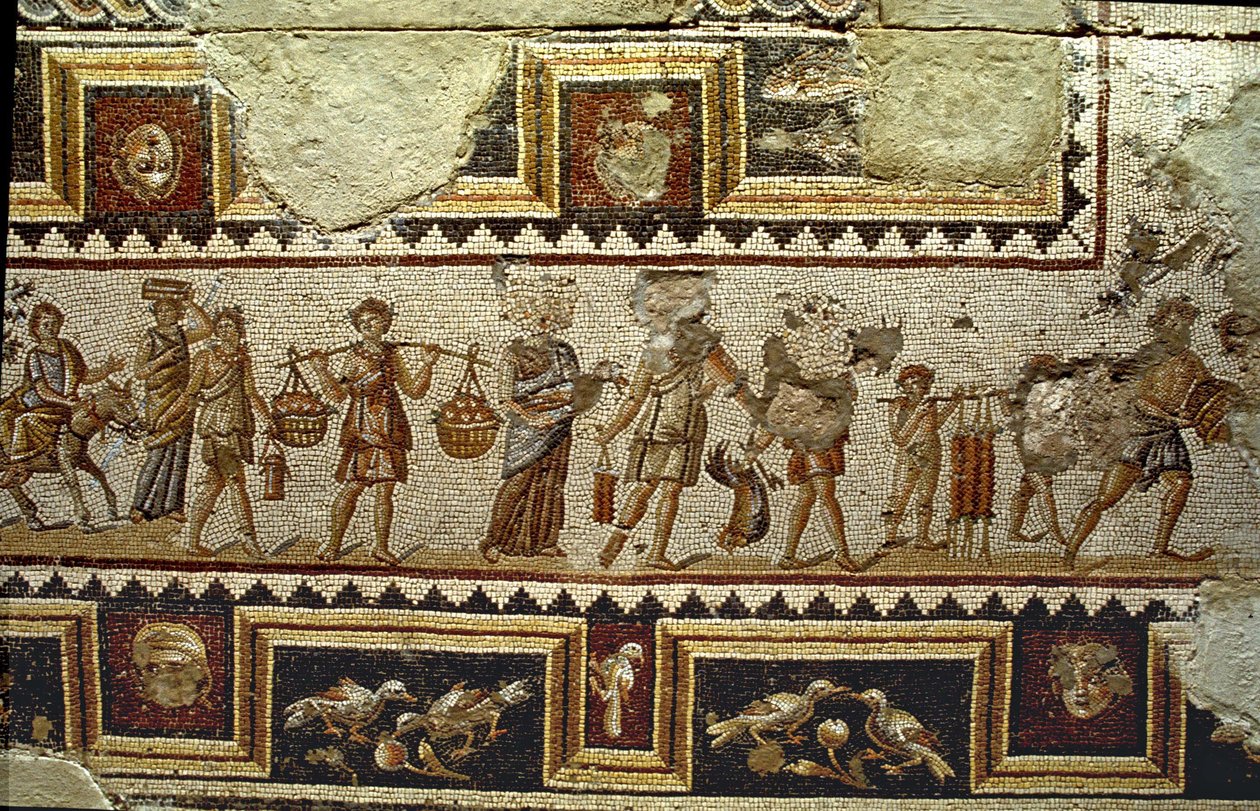 W drodze na targ, fragment mozaikowej podłogi, zdjęcie Tzippori autorstwa Roman
