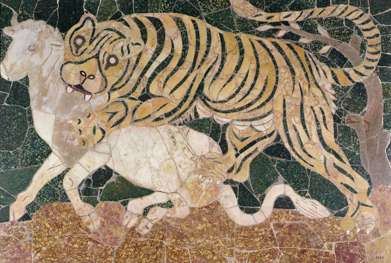Panel przedstawiający atakującego tygrysa (marmur) autorstwa Roman