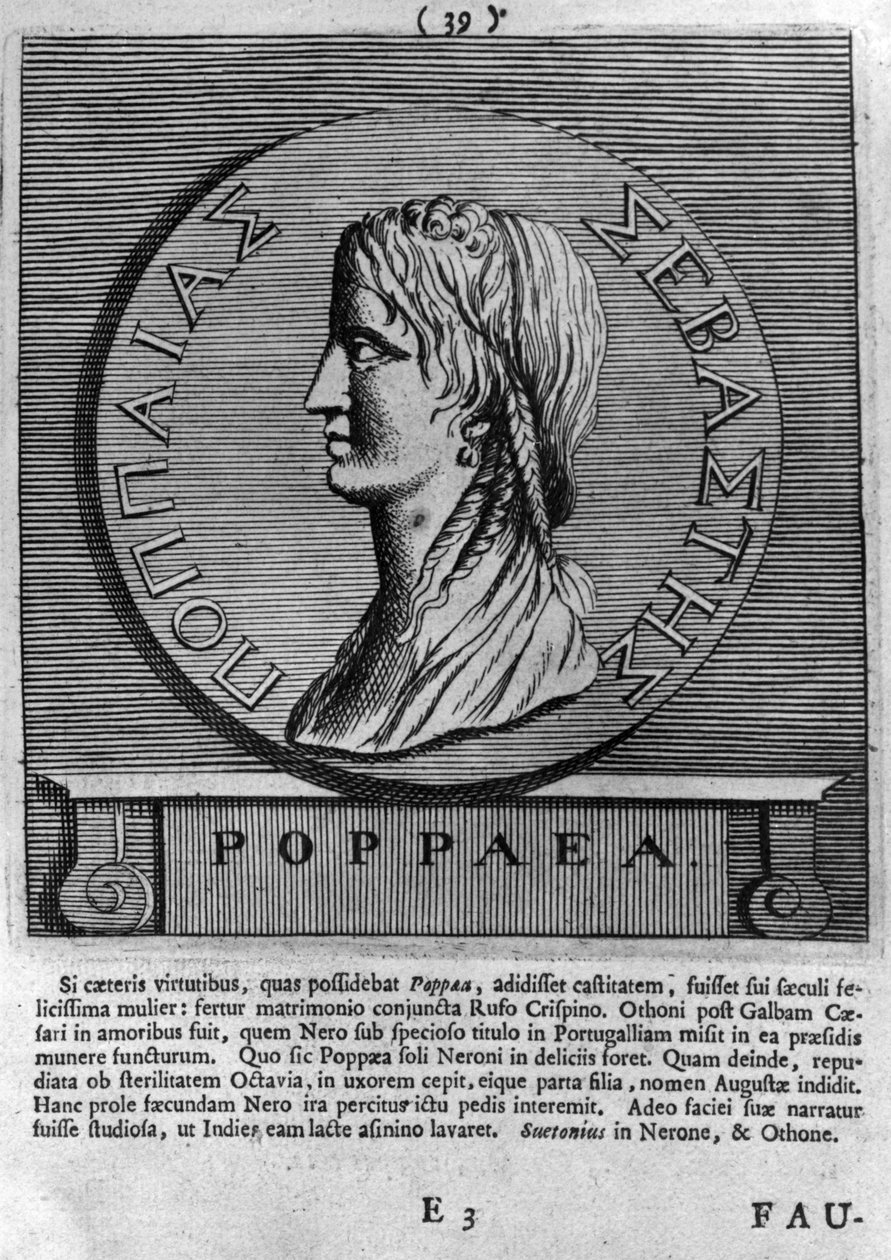 Poppea Sabina, rycina według rzymskiej monety datowanej 54-68 r. n.e autorstwa Roman