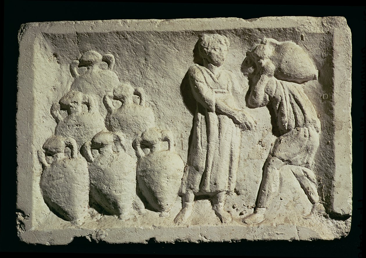 Relief przedstawiający dostawę wina autorstwa Roman
