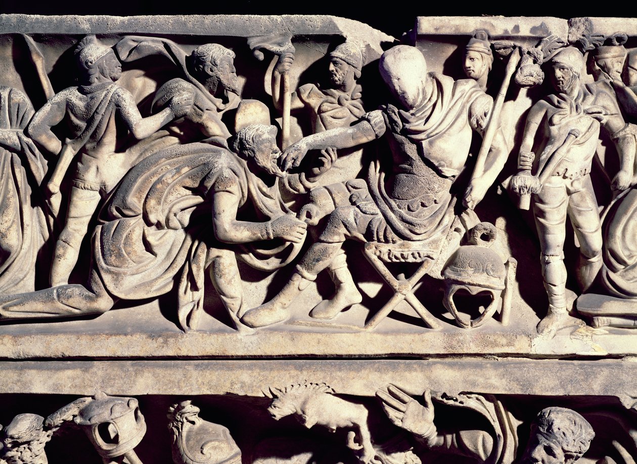 Płaskorzeźba z sarkofagu przedstawiająca poddanie barbarzyńcy rzymskiemu generałowi autorstwa Roman