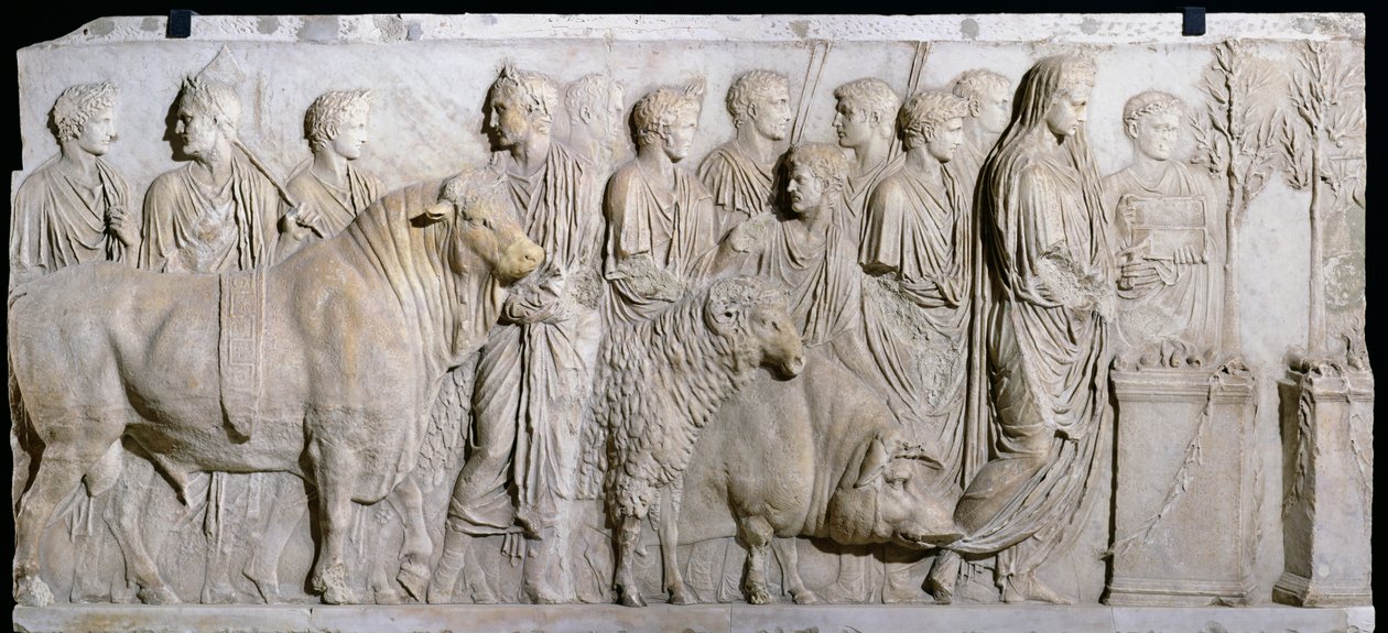 Ofiara z byka, barana i świni ku czci Boga Marsa, fryz z Ołtarza Domicjusza Ahenobarba, ze Świątyni Neptuna, Rzym (fragment) autorstwa Roman